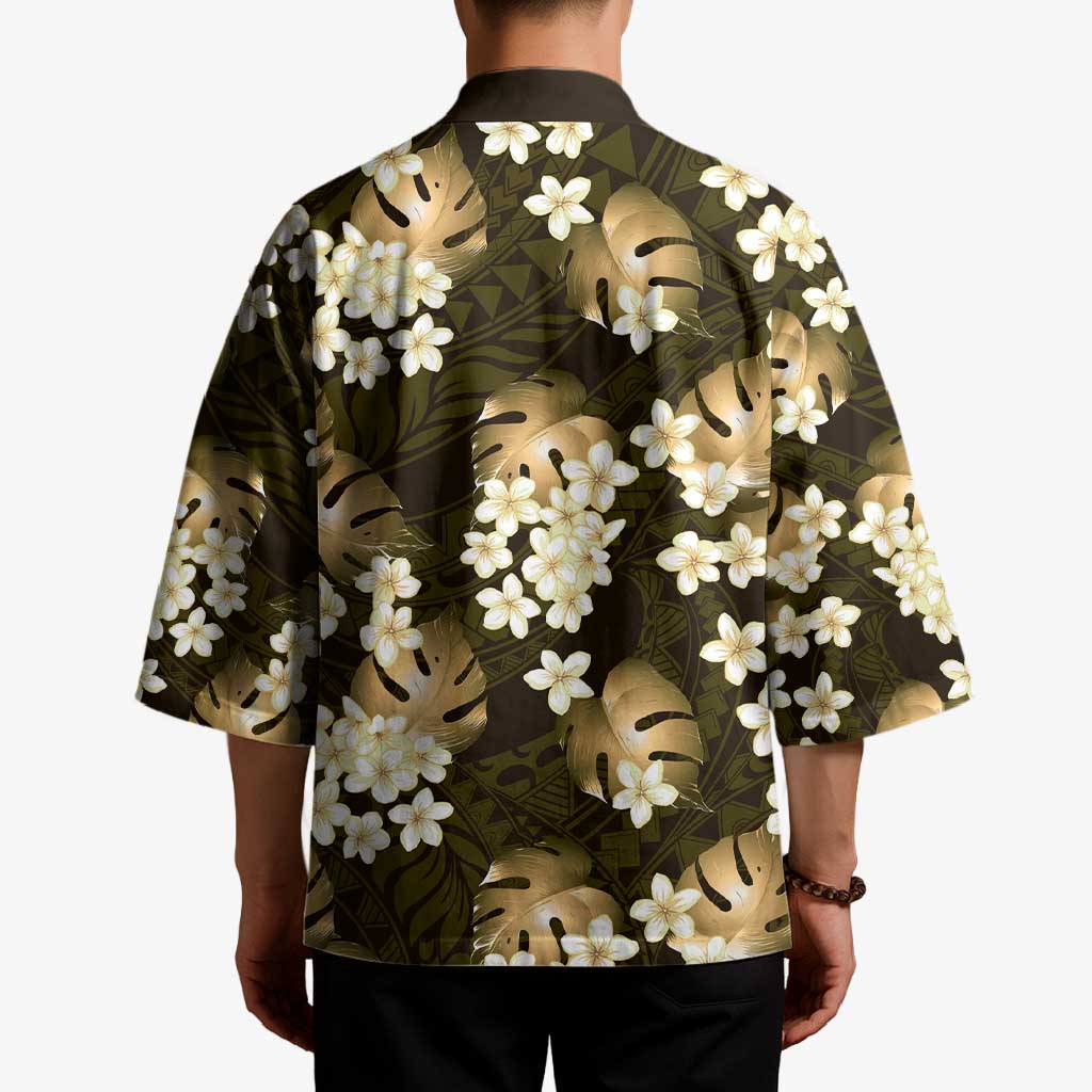 Gold Tropical Hawaii Kimono Seamless Monstera Plumeria Hawaiian Pattern LT14 - Polynesian Pride