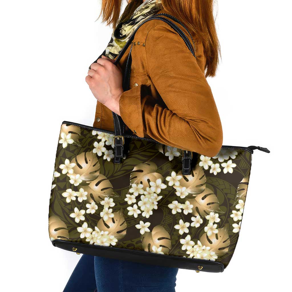 Gold Tropical Hawaii Leather Tote Bag Seamless Monstera Plumeria Hawaiian Pattern LT14 Gold - Polynesian Pride