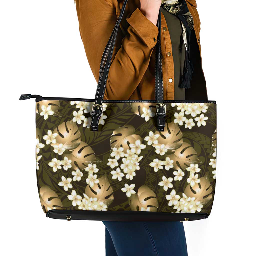 Gold Tropical Hawaii Leather Tote Bag Seamless Monstera Plumeria Hawaiian Pattern - Polynesian Pride