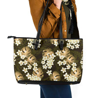 Gold Tropical Hawaii Leather Tote Bag Seamless Monstera Plumeria Hawaiian Pattern - Polynesian Pride