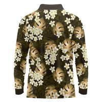 Gold Tropical Hawaii Long Sleeve Polo Shirt Seamless Monstera Plumeria Hawaiian Pattern - Polynesian Pride