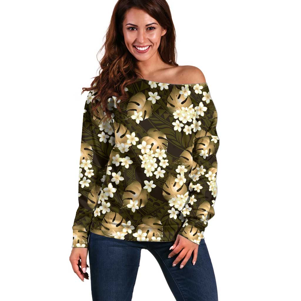 Gold Tropical Hawaii Off Shoulder Sweater Seamless Monstera Plumeria Hawaiian Pattern LT14 Women Gold - Polynesian Pride