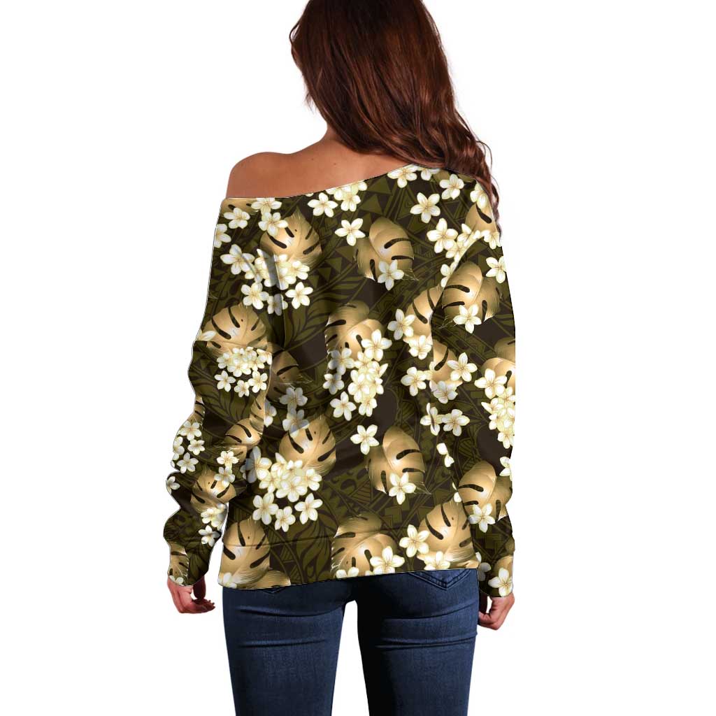 Gold Tropical Hawaii Off Shoulder Sweater Seamless Monstera Plumeria Hawaiian Pattern LT14 - Polynesian Pride