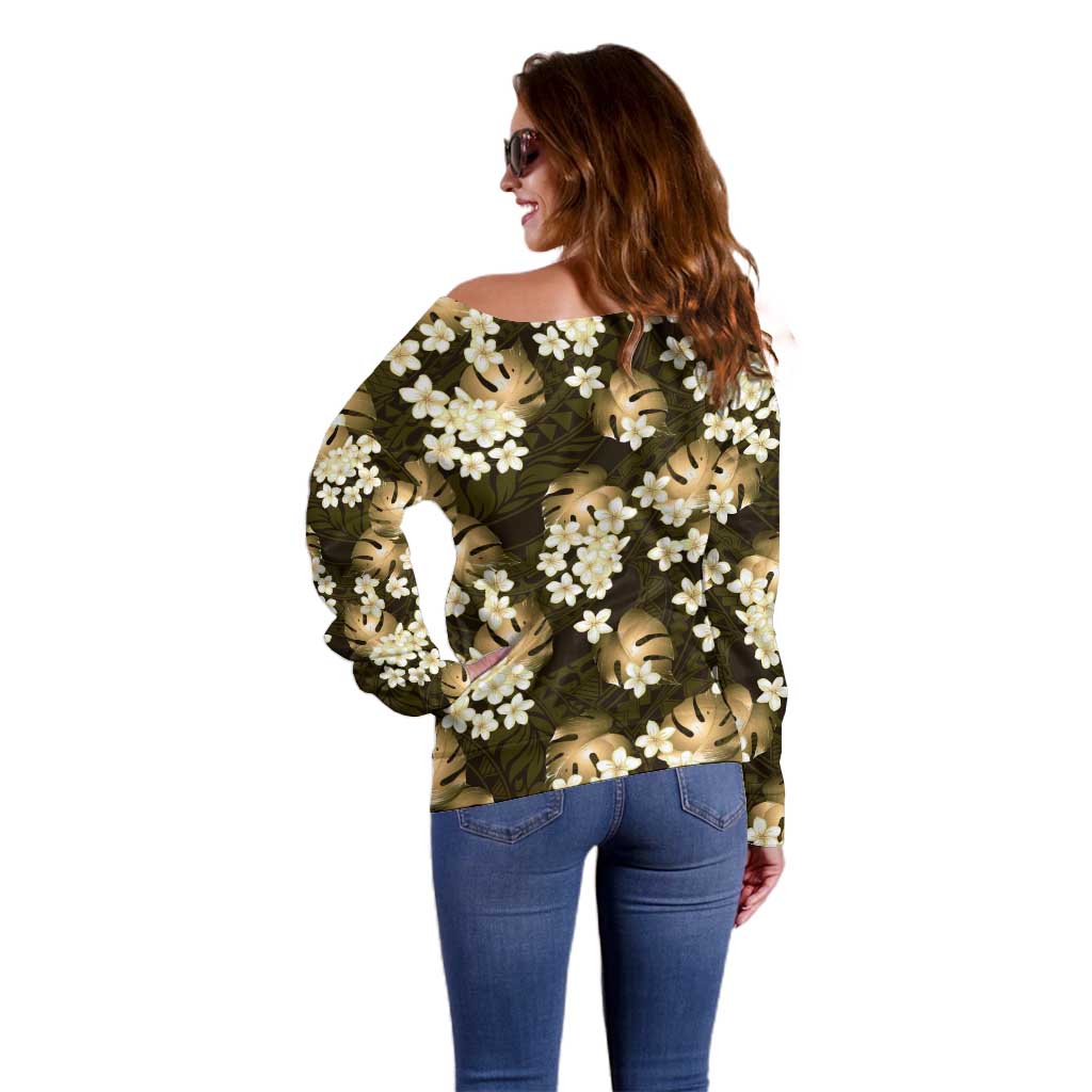Gold Tropical Hawaii Off Shoulder Sweater Seamless Monstera Plumeria Hawaiian Pattern LT14 - Polynesian Pride