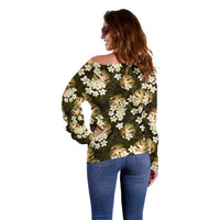 Gold Tropical Hawaii Off Shoulder Sweater Seamless Monstera Plumeria Hawaiian Pattern LT14 - Polynesian Pride