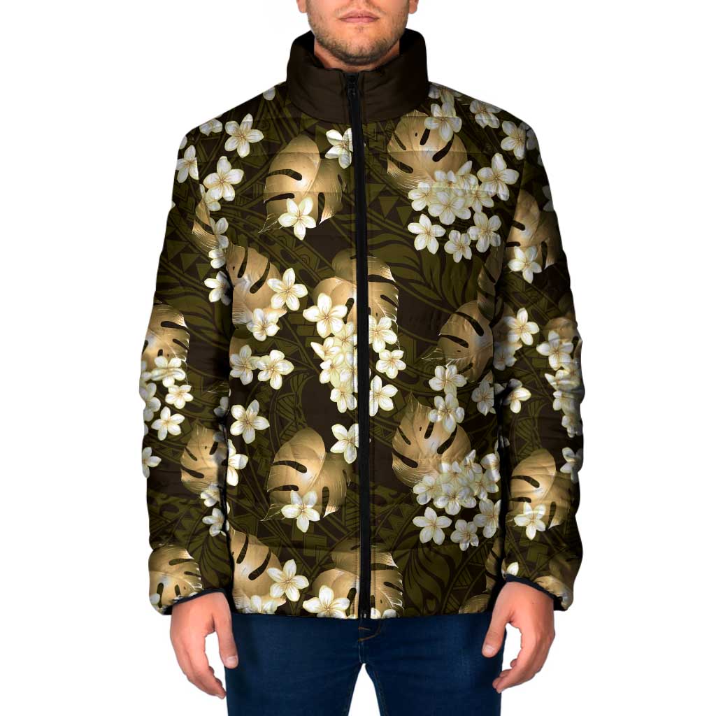 Gold Tropical Hawaii Padded Jacket Seamless Monstera Plumeria Hawaiian Pattern LT14 Men Gold - Polynesian Pride