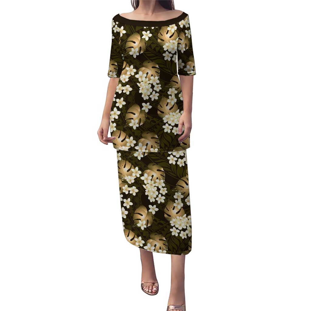 Gold Tropical Hawaii Puletasi Seamless Monstera Plumeria Hawaiian Pattern - Polynesian Pride