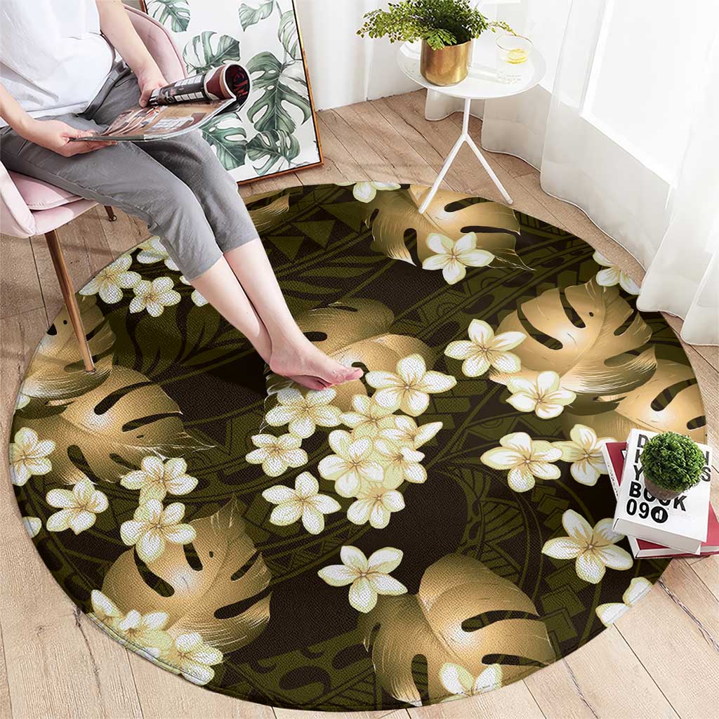 Gold Tropical Hawaii Round Carpet Seamless Monstera Plumeria Hawaiian Pattern LT14 - Polynesian Pride