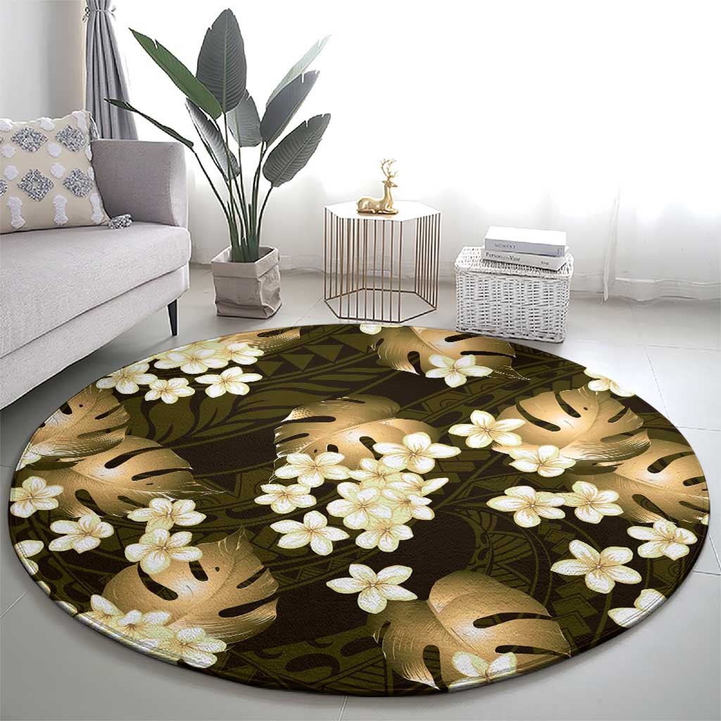 Gold Tropical Hawaii Round Carpet Seamless Monstera Plumeria Hawaiian Pattern LT14 - Polynesian Pride