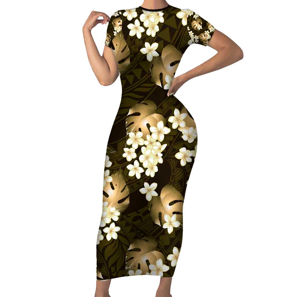 Gold Tropical Hawaii Short Sleeve Bodycon Dress Seamless Monstera Plumeria Hawaiian Pattern - Polynesian Pride