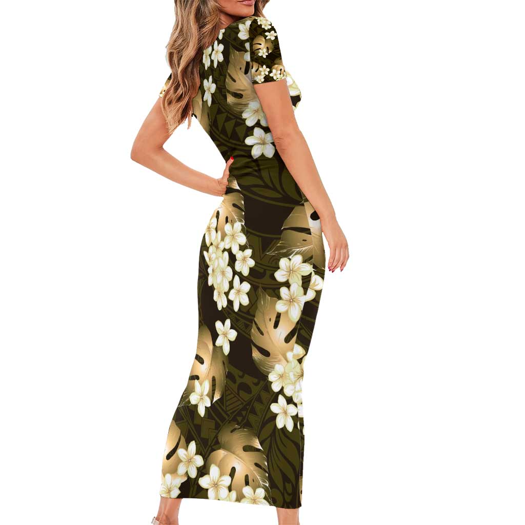 Gold Tropical Hawaii Short Sleeve Bodycon Dress Seamless Monstera Plumeria Hawaiian Pattern - Polynesian Pride