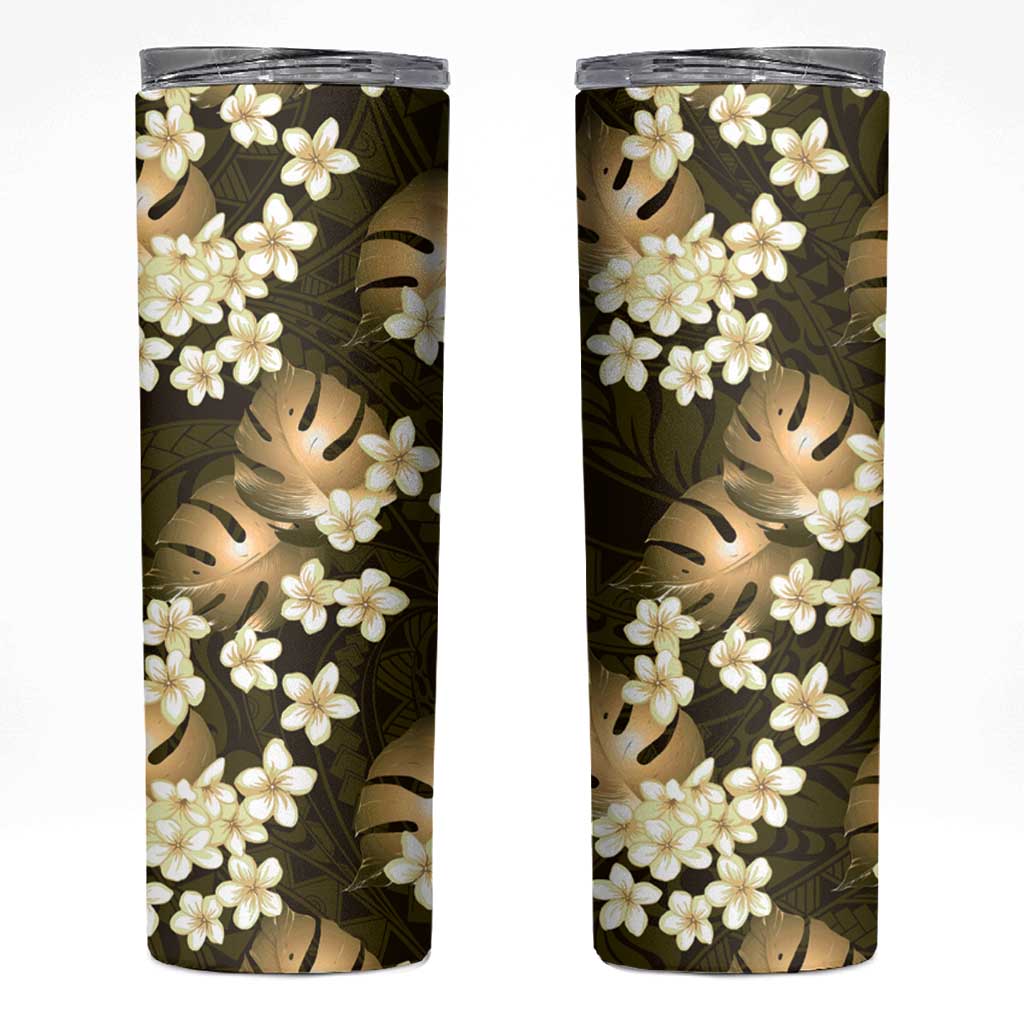 Gold Tropical Hawaii Skinny Tumbler Seamless Monstera Plumeria Hawaiian Pattern - Polynesian Pride