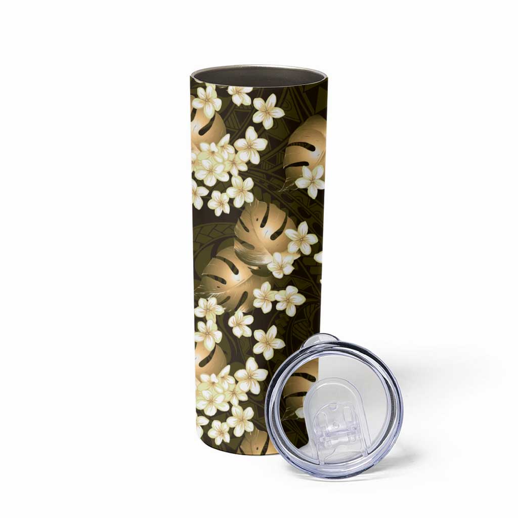 Gold Tropical Hawaii Skinny Tumbler Seamless Monstera Plumeria Hawaiian Pattern - Polynesian Pride