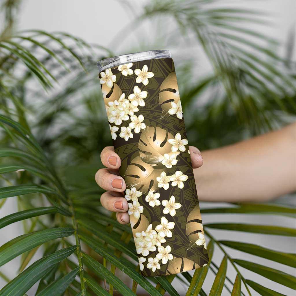 Gold Tropical Hawaii Skinny Tumbler Seamless Monstera Plumeria Hawaiian Pattern - Polynesian Pride
