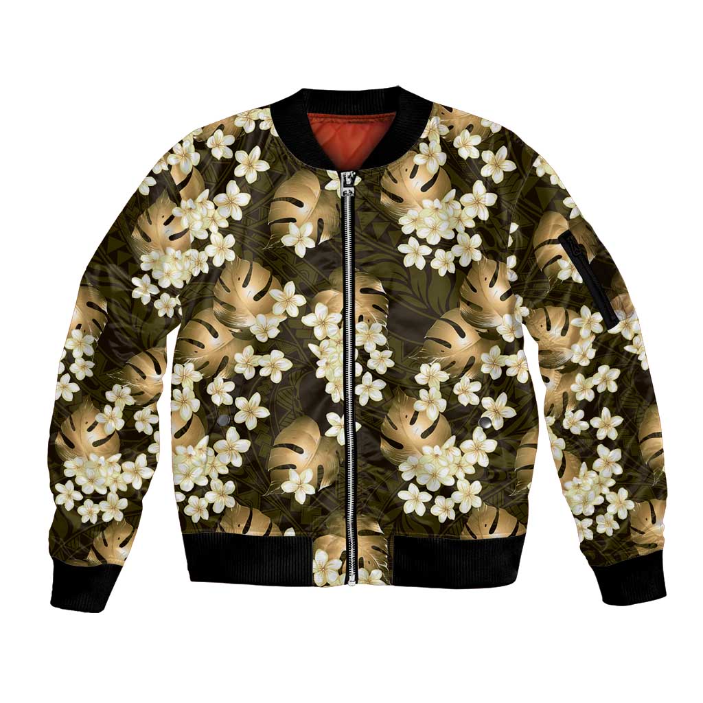 Gold Tropical Hawaii Sleeve Zip Bomber Jacket Seamless Monstera Plumeria Hawaiian Pattern LT14 Unisex Gold - Polynesian Pride