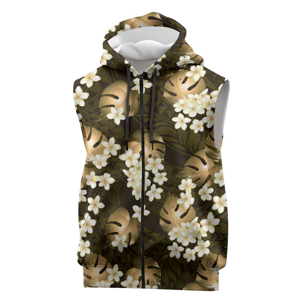 Gold Tropical Hawaii Sleeveless Zip Hoodie Seamless Monstera Plumeria Hawaiian Pattern - Polynesian Pride