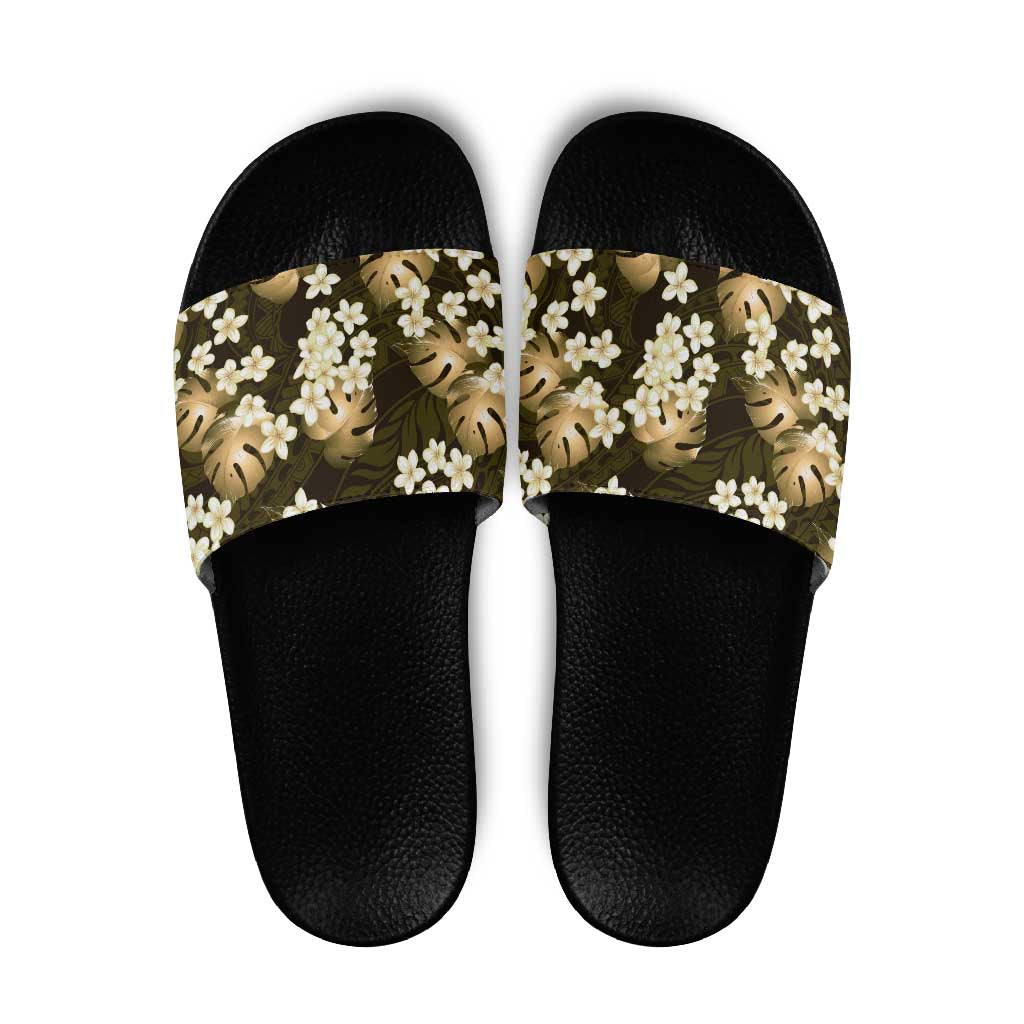Gold Tropical Hawaii Slide Sandals Seamless Monstera Plumeria Hawaiian Pattern LT14 Gold - Polynesian Pride