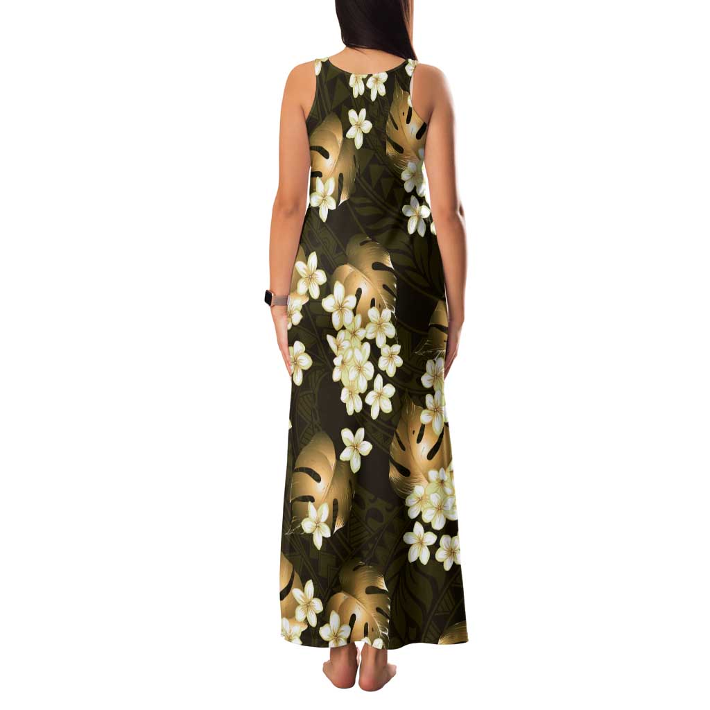 Gold Tropical Hawaii Tank Maxi Dress Seamless Monstera Plumeria Hawaiian Pattern - Polynesian Pride