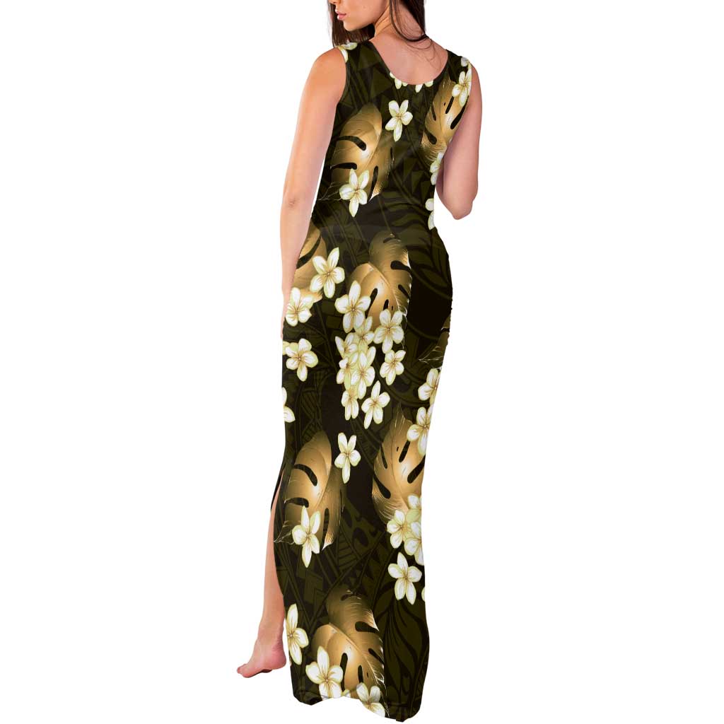 Gold Tropical Hawaii Tank Maxi Dress Seamless Monstera Plumeria Hawaiian Pattern - Polynesian Pride
