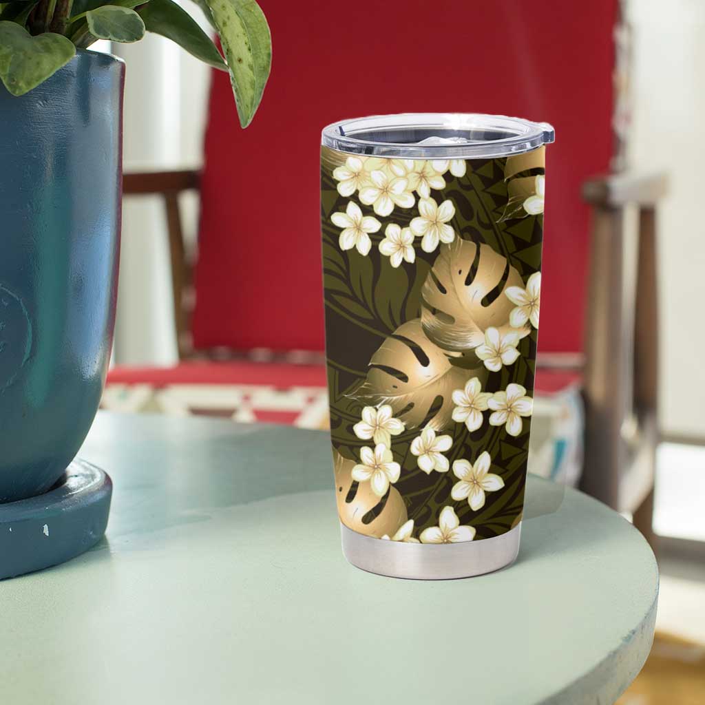 Gold Tropical Hawaii Tumbler Cup Seamless Monstera Plumeria Hawaiian Pattern - Polynesian Pride