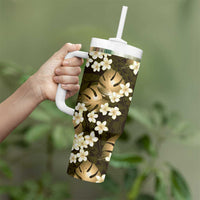 Gold Tropical Hawaii Tumbler With Handle Seamless Monstera Plumeria Hawaiian Pattern - Polynesian Pride