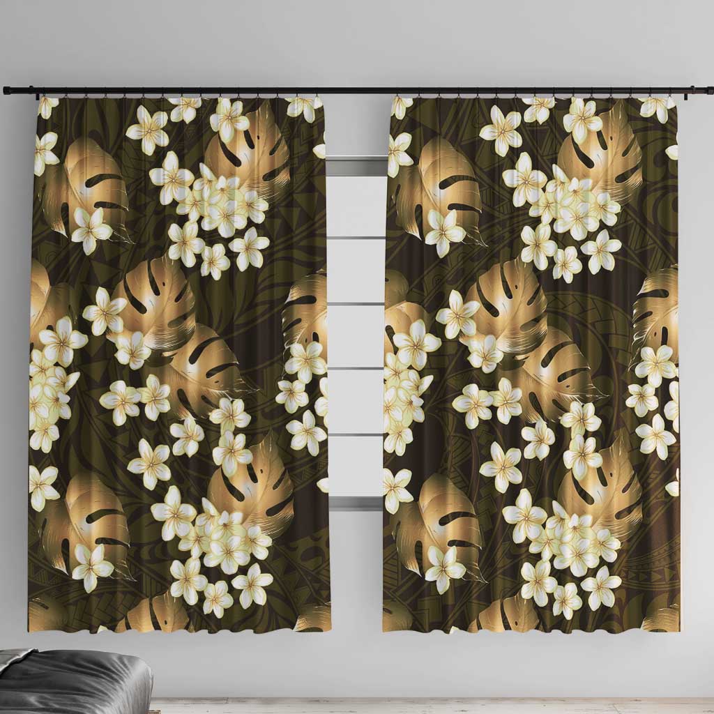 Gold Tropical Hawaii Window Curtain Seamless Monstera Plumeria Hawaiian Pattern LT14 With Hooks Gold - Polynesian Pride