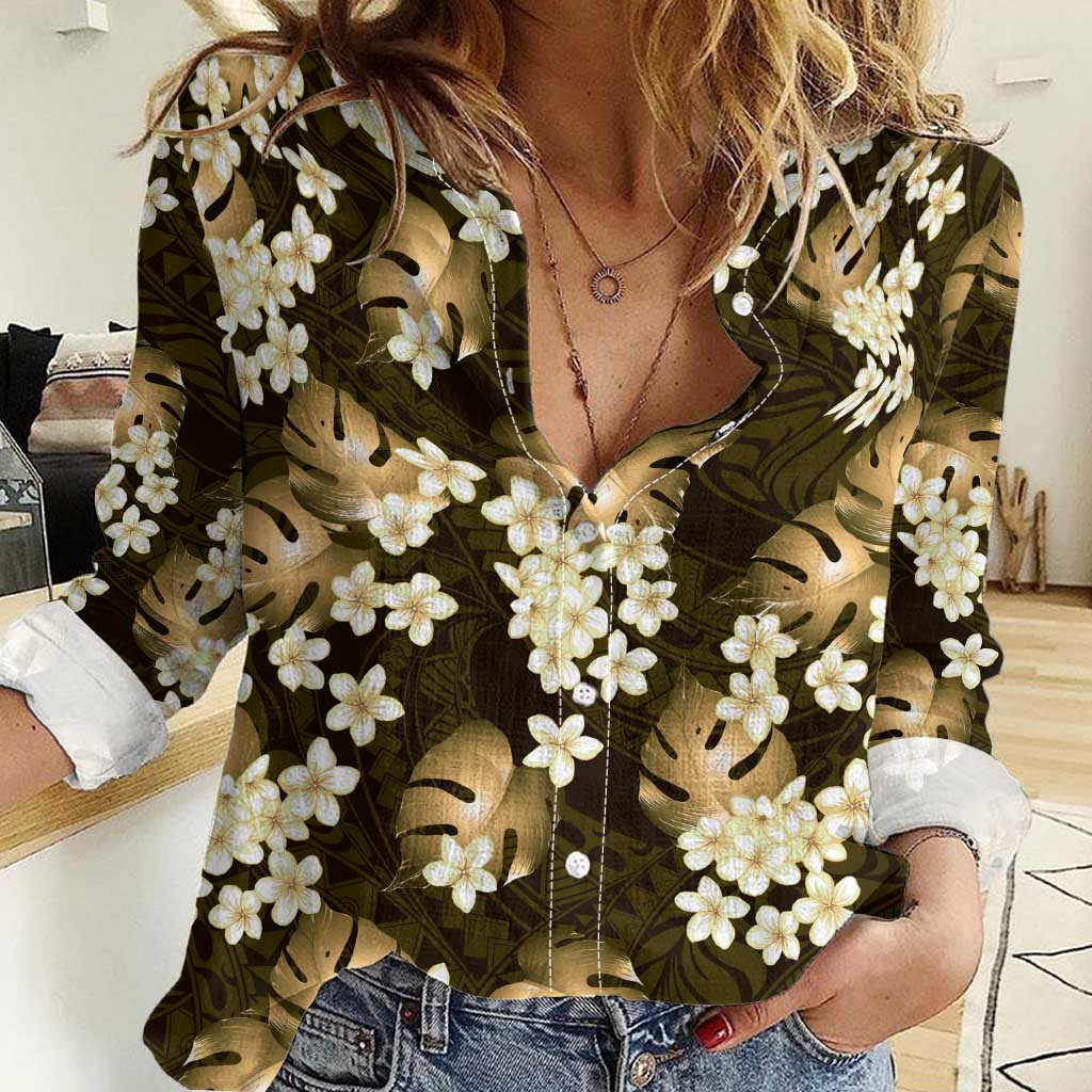 Gold Tropical Hawaii Women Casual Shirt Seamless Monstera Plumeria Hawaiian Pattern - Polynesian Pride