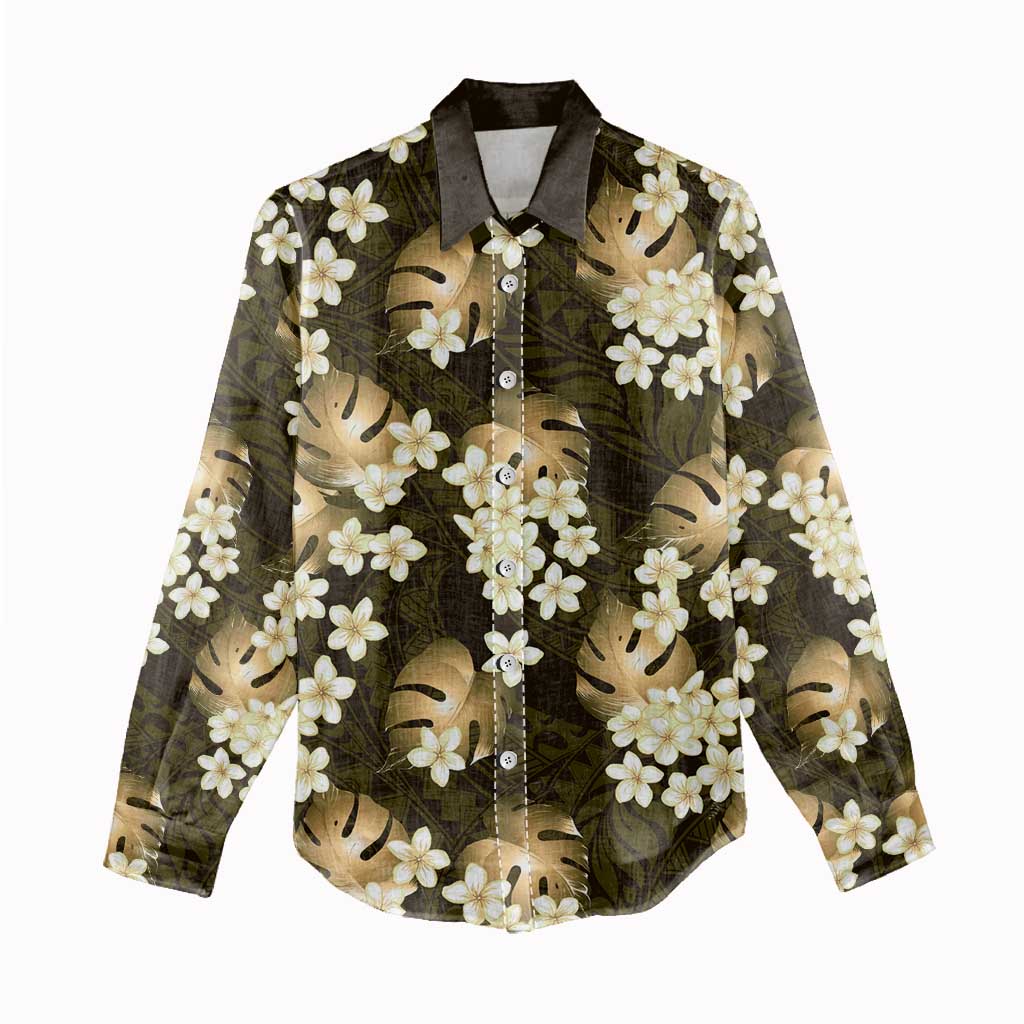 Gold Tropical Hawaii Women Casual Shirt Seamless Monstera Plumeria Hawaiian Pattern - Polynesian Pride