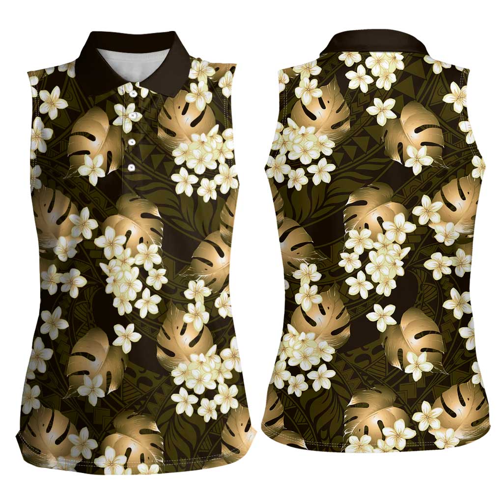 Gold Tropical Hawaii Women Sleeveless Polo Shirt Seamless Monstera Plumeria Hawaiian Pattern LT14 - Polynesian Pride