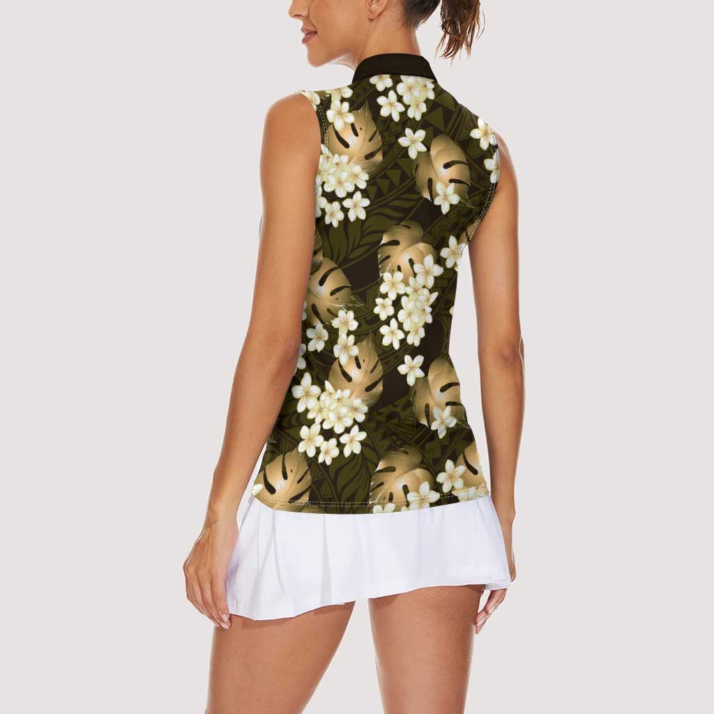 Gold Tropical Hawaii Women Sleeveless Polo Shirt Seamless Monstera Plumeria Hawaiian Pattern LT14 - Polynesian Pride
