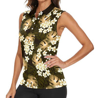 Gold Tropical Hawaii Women Sleeveless Polo Shirt Seamless Monstera Plumeria Hawaiian Pattern LT14 - Polynesian Pride