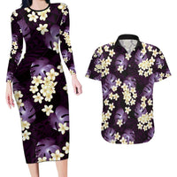Purple Tropical Hawaii Couples Matching Long Sleeve Bodycon Dress and Hawaiian Shirt Seamless Monstera Plumeria Hawaiian Pattern - Polynesian Pride