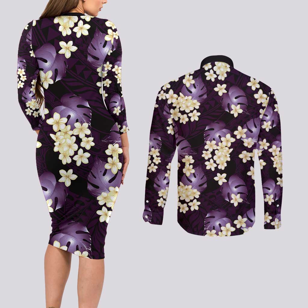 Purple Tropical Hawaii Couples Matching Long Sleeve Bodycon Dress and Long Sleeve Button Shirt Seamless Monstera Plumeria Hawaiian Pattern - Polynesian Pride