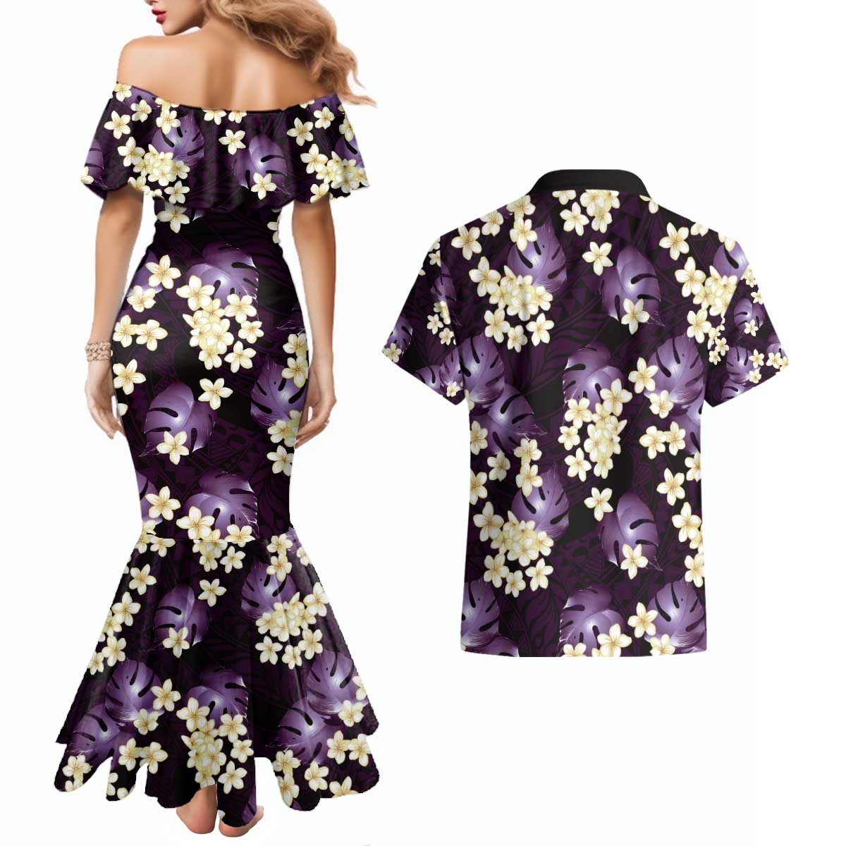 Purple Tropical Hawaii Couples Matching Mermaid Dress and Hawaiian Shirt Seamless Monstera Plumeria Hawaiian Pattern - Polynesian Pride