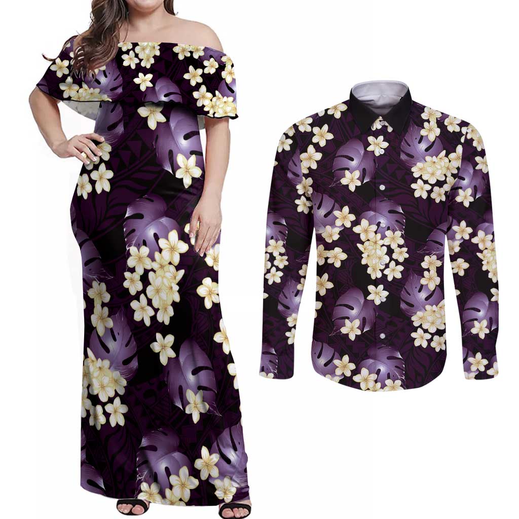 Purple Tropical Hawaii Couples Matching Off Shoulder Maxi Dress and Long Sleeve Button Shirt Seamless Monstera Plumeria Hawaiian Pattern - Polynesian Pride