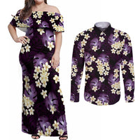 Purple Tropical Hawaii Couples Matching Off Shoulder Maxi Dress and Long Sleeve Button Shirt Seamless Monstera Plumeria Hawaiian Pattern - Polynesian Pride