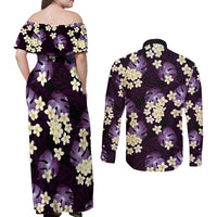 Purple Tropical Hawaii Couples Matching Off Shoulder Maxi Dress and Long Sleeve Button Shirt Seamless Monstera Plumeria Hawaiian Pattern - Polynesian Pride