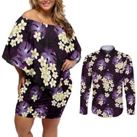 Purple Tropical Hawaii Couples Matching Off Shoulder Short Dress and Long Sleeve Button Shirt Seamless Monstera Plumeria Hawaiian Pattern - Polynesian Pride