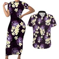 Purple Tropical Hawaii Couples Matching Short Sleeve Bodycon Dress and Hawaiian Shirt Seamless Monstera Plumeria Hawaiian Pattern - Polynesian Pride