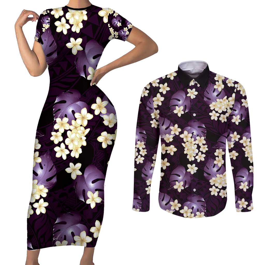 Purple Tropical Hawaii Couples Matching Short Sleeve Bodycon Dress and Long Sleeve Button Shirt Seamless Monstera Plumeria Hawaiian Pattern - Polynesian Pride