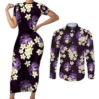 Purple Tropical Hawaii Couples Matching Short Sleeve Bodycon Dress and Long Sleeve Button Shirt Seamless Monstera Plumeria Hawaiian Pattern - Polynesian Pride