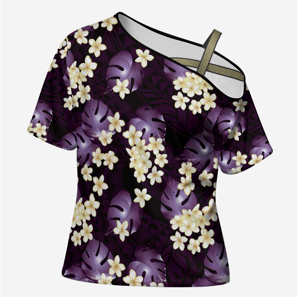 Purple Tropical Hawaii Cross Shoulder Shirt Seamless Monstera Plumeria Hawaiian Pattern LT14 Female Purple - Polynesian Pride