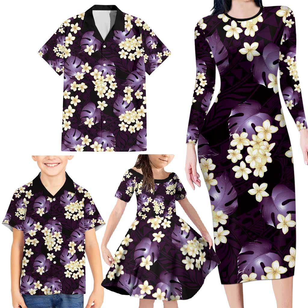 Purple Tropical Hawaii Family Matching Long Sleeve Bodycon Dress and Hawaiian Shirt Seamless Monstera Plumeria Hawaiian Pattern - Polynesian Pride