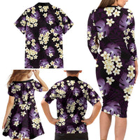 Purple Tropical Hawaii Family Matching Long Sleeve Bodycon Dress and Hawaiian Shirt Seamless Monstera Plumeria Hawaiian Pattern - Polynesian Pride