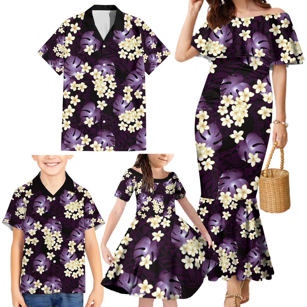 Purple Tropical Hawaii Family Matching Mermaid Dress and Hawaiian Shirt Seamless Monstera Plumeria Hawaiian Pattern - Polynesian Pride