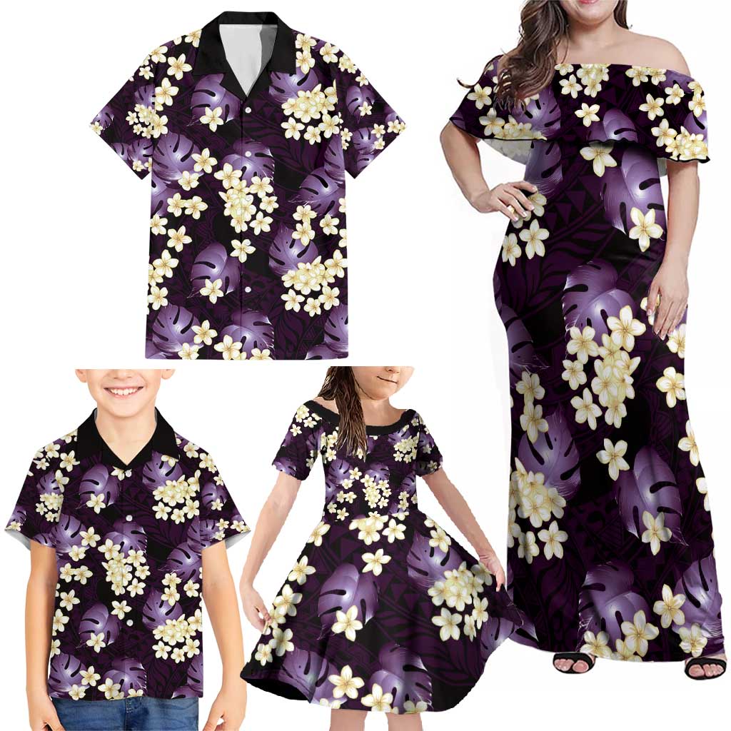 Purple Tropical Hawaii Family Matching Off Shoulder Maxi Dress and Hawaiian Shirt Seamless Monstera Plumeria Hawaiian Pattern - Polynesian Pride