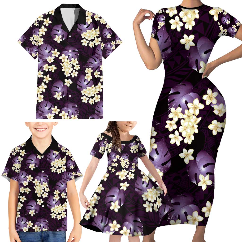 Purple Tropical Hawaii Family Matching Short Sleeve Bodycon Dress and Hawaiian Shirt Seamless Monstera Plumeria Hawaiian Pattern - Polynesian Pride