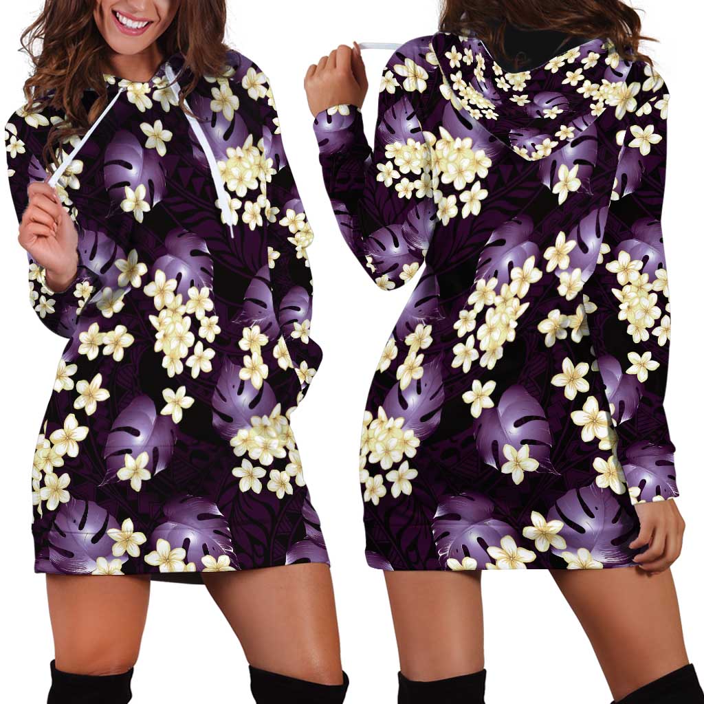 Purple Tropical Hawaii Hoodie Dress Seamless Monstera Plumeria Hawaiian Pattern - Polynesian Pride