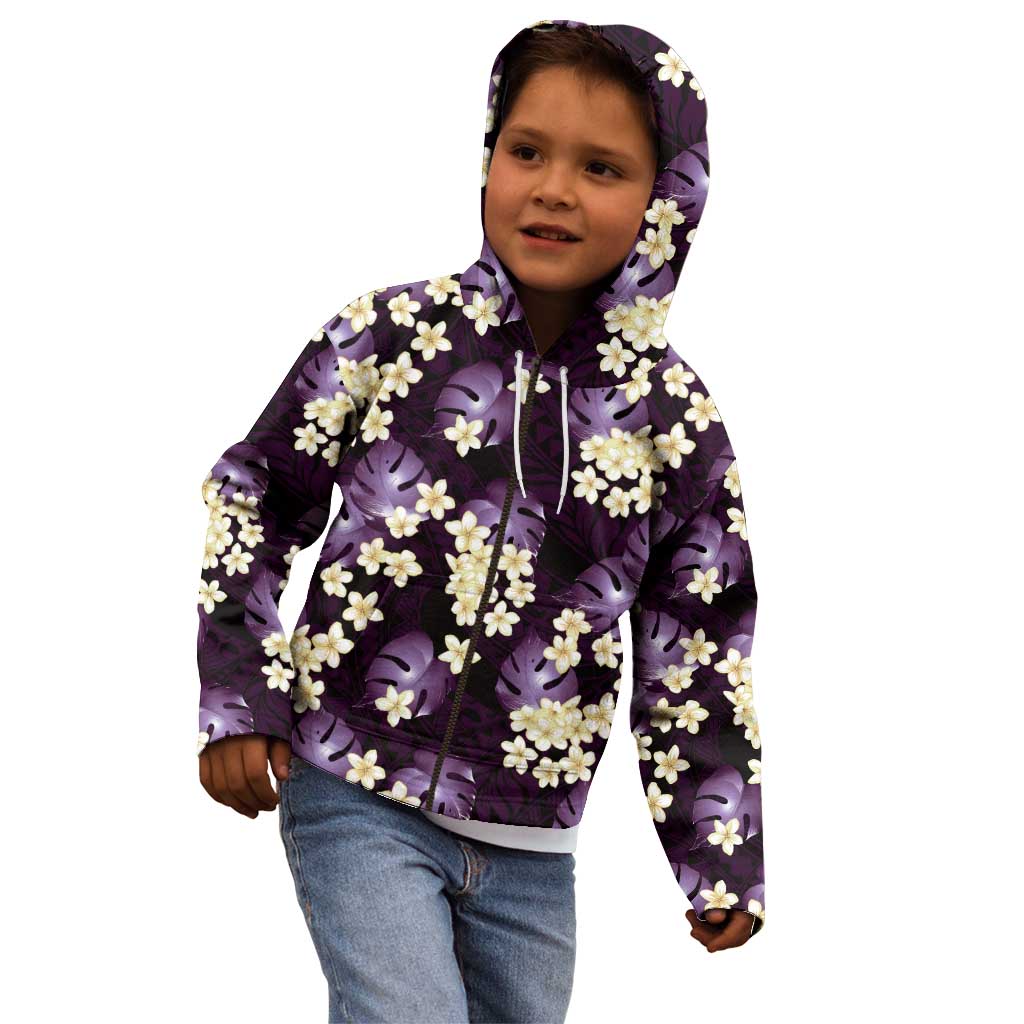 Purple Tropical Hawaii Kid Hoodie Seamless Monstera Plumeria Hawaiian Pattern - Polynesian Pride