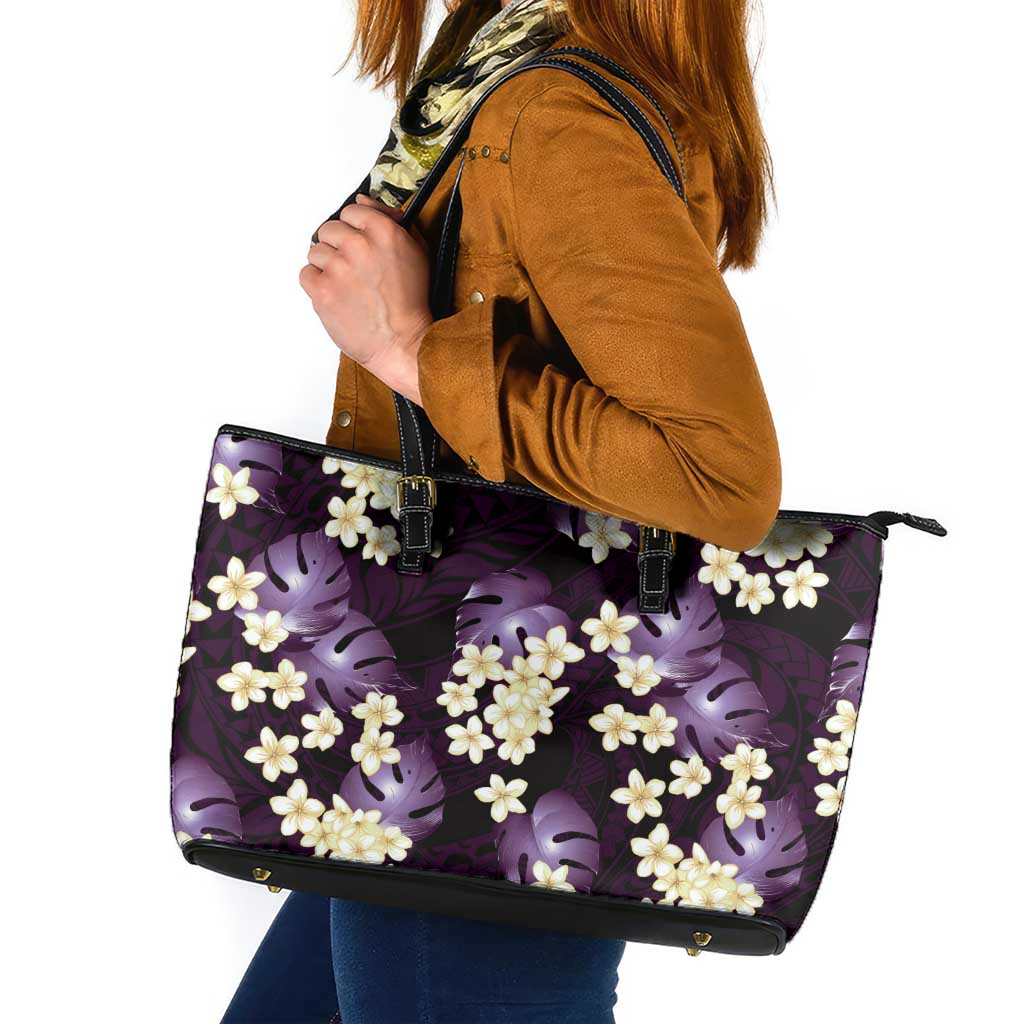 Purple Tropical Hawaii Leather Tote Bag Seamless Monstera Plumeria Hawaiian Pattern LT14 Purple - Polynesian Pride